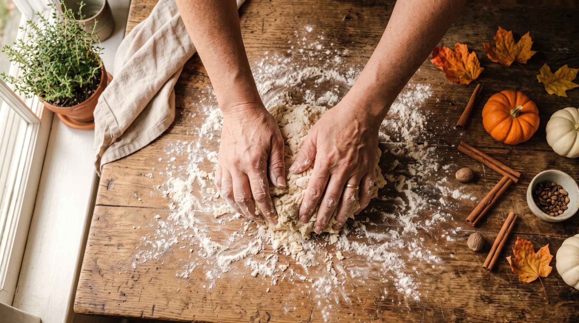 Hands preparing dough on wooden table