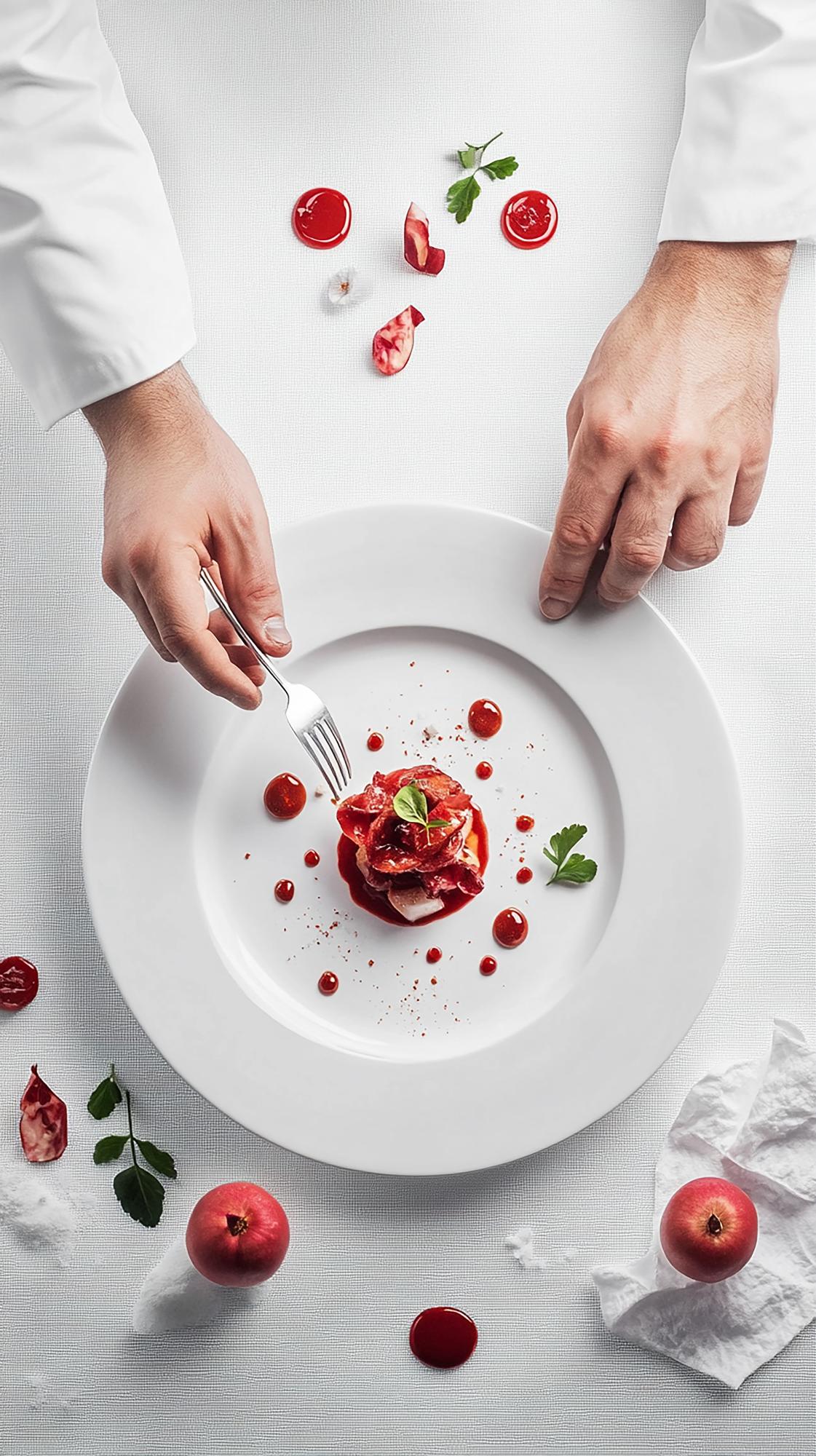 Chef demonstrating plating in modern kitchen